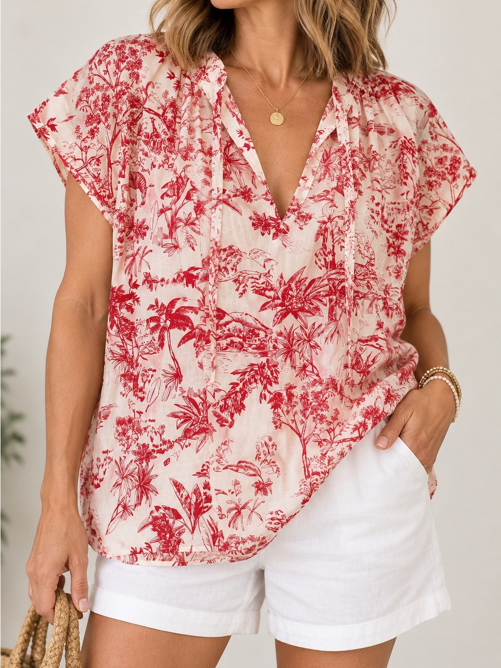 H&M Red & Ivory Toile Print Short Sleeve Blouse – M